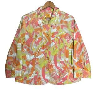 Ruby Rd Sz 14 Colorful Tropical Beaded Cotton Jacket Wood Button Coastal Casual